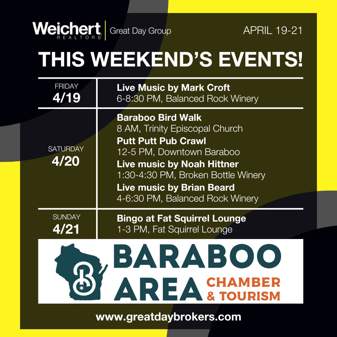 🎉📆 Don't miss out on the fun events in Baraboo this weekend!
🌟 Contact us!
🌐 greatdaybrokers.com
📲 608.356.0120
#baraboo #weichertrealtors #weichert #baraboowi #baraboowisconsin #realestate #wisconsin  #baraboorealestate #wisconsinlife #DiscoverWisconsin #BarabooEvents