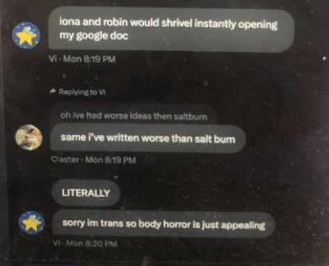userc783drrkw's tweet photo. • more of them discussing writing another fic about iona &amp; joking about iona being uncomfortable (1)
• saying they’ve written worse (2) https://t.co/tZsaNT6OVz