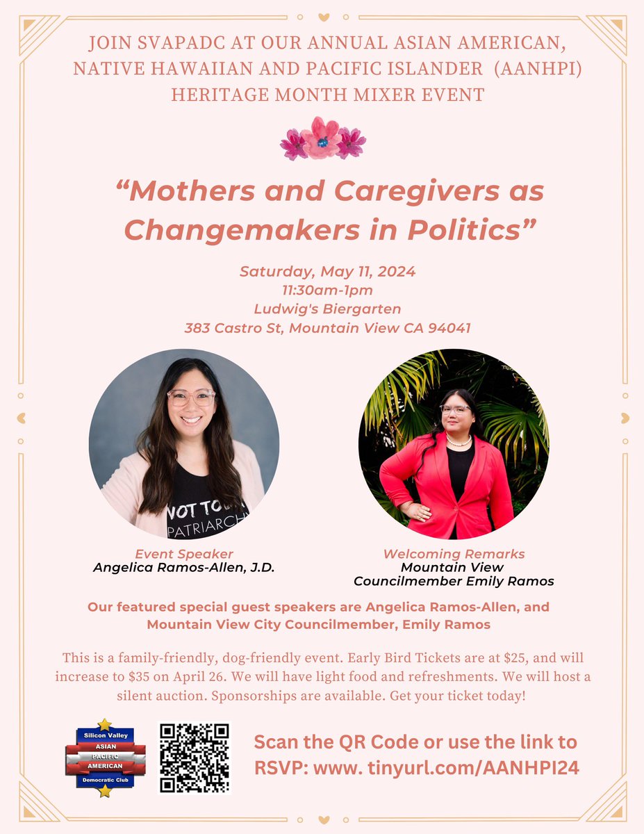 Our #AANHPI2024 Mixer theme is “Mothers + Caregivers as Changemakers in Politics.” We’re so proud to spotlight @AngelicaYvette as our guest speaker, w/ @EngineerEmily providing welcoming remarks! 🌷 🗓️: Sat, 5/11, 11:30am-1:00pm @ Ludwig’s MV. RSVP: tinyurl.com/AANHPI24