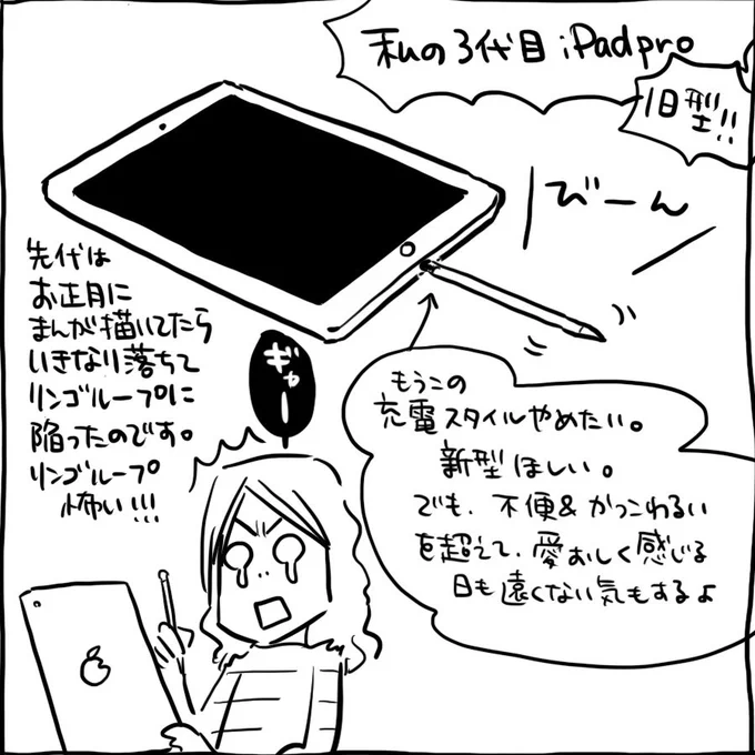 これ、5年ちょっと前に、今も使ってるiPad proで描いたもの
iPad5年は、よく頑張った方かなぁ…
画面のはじっこ変色してて電池もへたってるけど、このベゼルのぶっとい第2世代くん、使いやすいんだよなー 