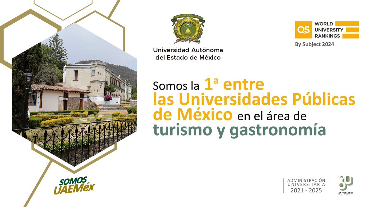 La @UAEM_MX cuenta con programas académicos de vanguardia. De acuerdo con @QSCorporate, nuestra casa de estudios ocupa el primer lugar entre las instituciones de educación superior públicas de México en el área de Turismo y Gastronomía: bit.ly/44etMXG #SomosUAEMéx💚💛