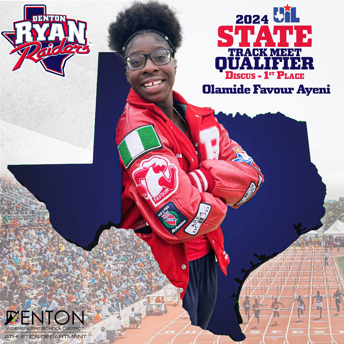 STATEBOUND!!!! Olamide Favour Ayeni, a student at Ryan High School, has secured her spot at the UIL State by winning 1st place in the Region with a discus throw of 158 feet. She is aiming to win her second UIL State medal, having previously won 3rd place in the discus event at