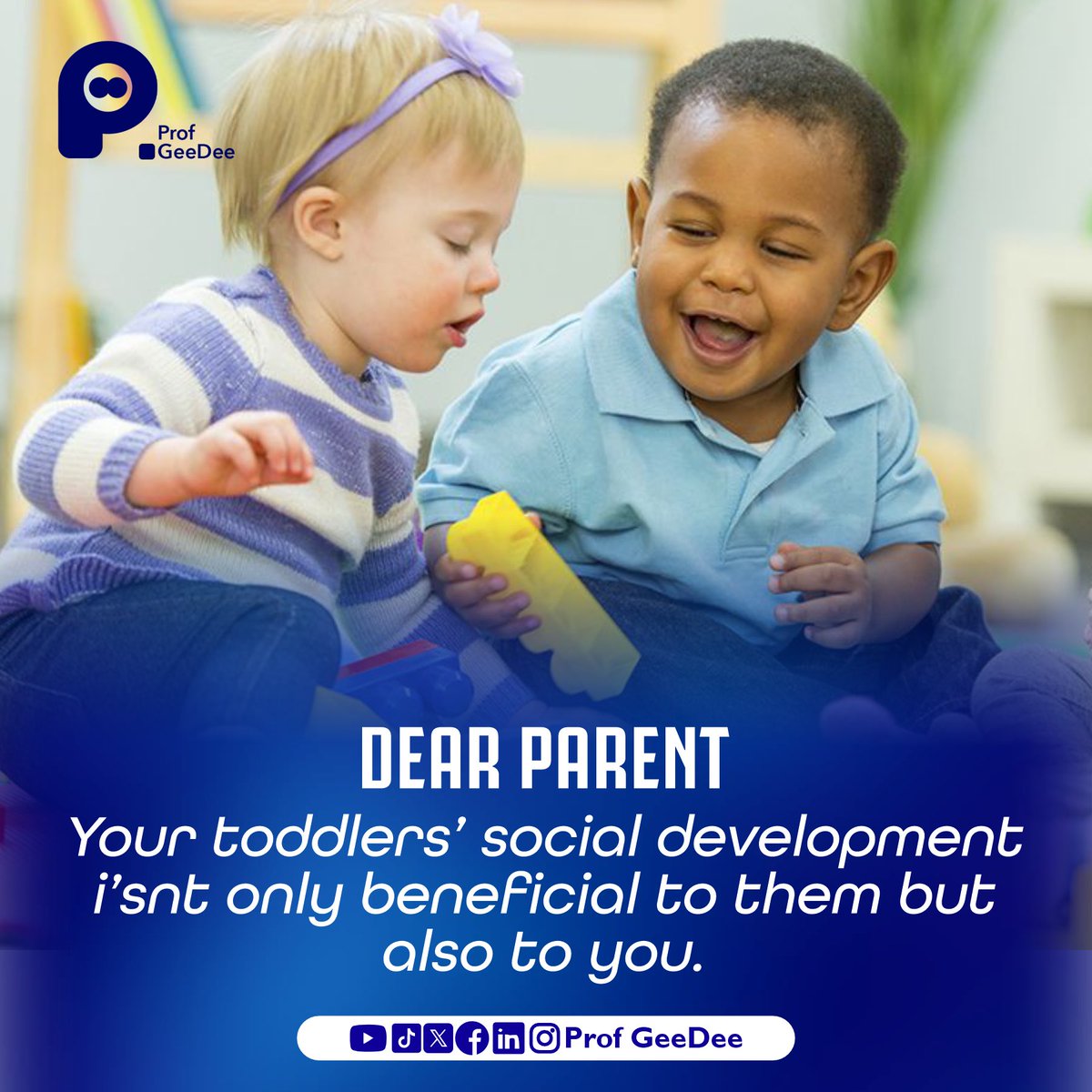 Remember that you are your child's first and most important teacher.

It's easier for your toddler to learn more from you.

You can interest your child by engaging them in fun social activities.

#earlyyears
#earlylearning
#earlychildhooddevelopment
#dearparentseries
#profgeedee