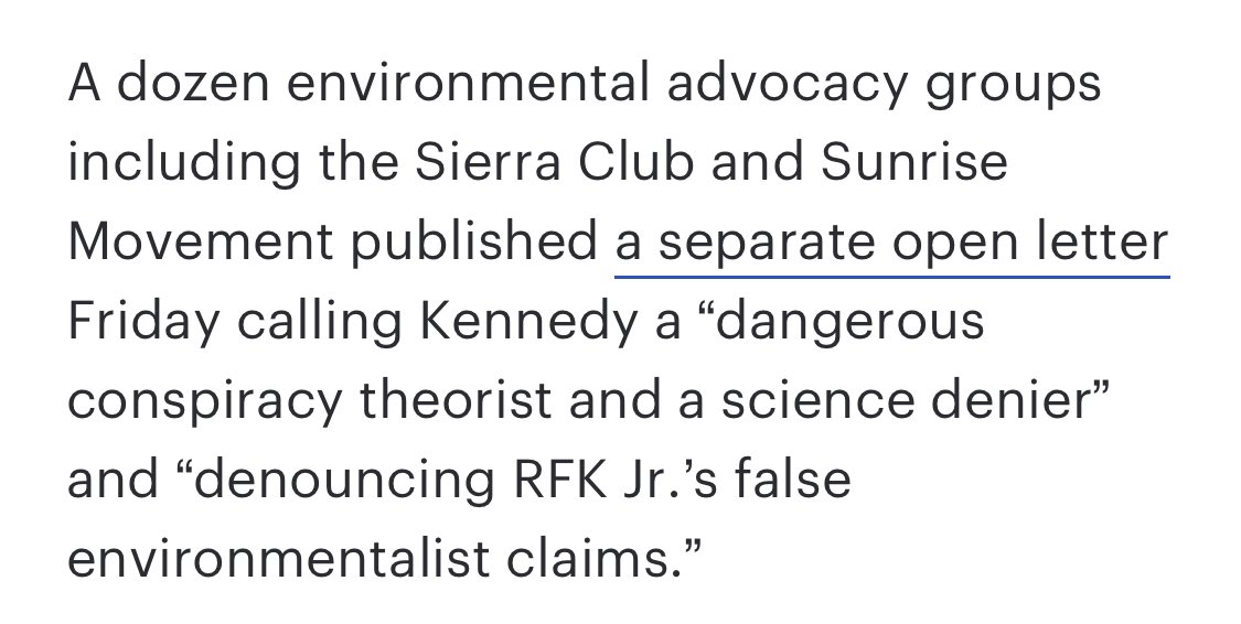 A bunch of environmental groups are coming out against Kennedy, and former members of the NRDC(which Kennedy worked for) are going to run full page ads in newspapers across 6 battleground against him this weekend in NC, PA, WI, MI, GA, and NV