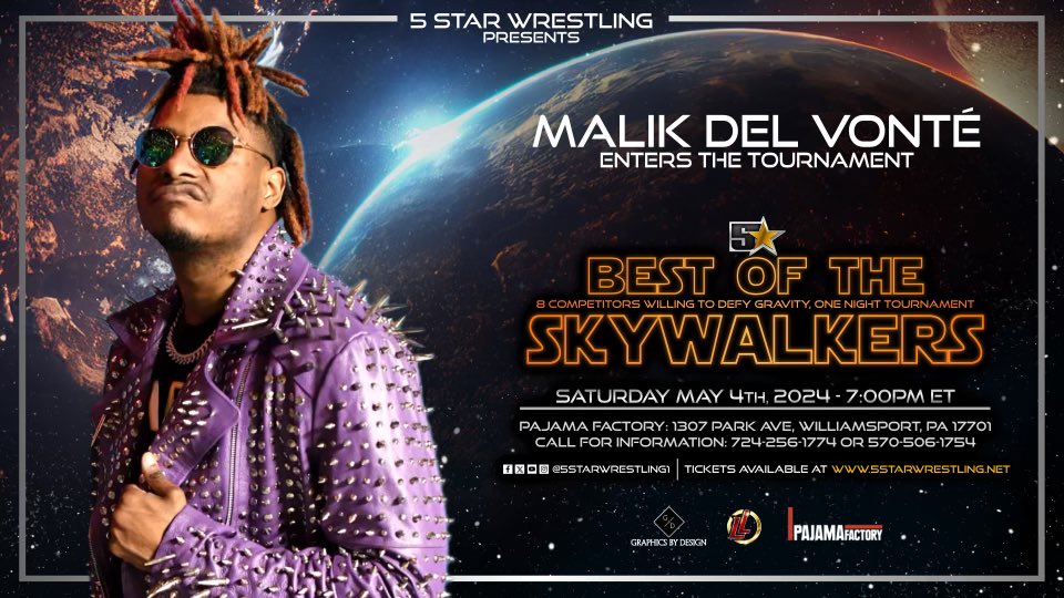 Our next invitee is one the best to ever come out of New Jersey, making his debut here at 5 Star Wrestling. Please welcome Malik Del Vonte to the best of the skywalkers tournament! Tickets are on sale now at 5starwrestling.net or by calling 570-506-1754