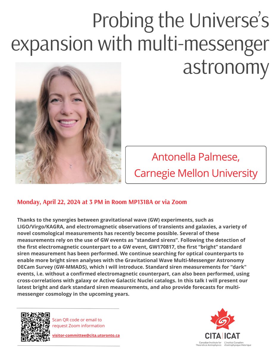 Join us for @CITA_ICAT seminar at 3PM with @EllaPalmes from @CarnegieMellon, who will present on latest advances in multi-messenger astronomy and provide forecasts for multi-messenger cosmology in the coming years. 
#gravitationalWaves, #astronomy
