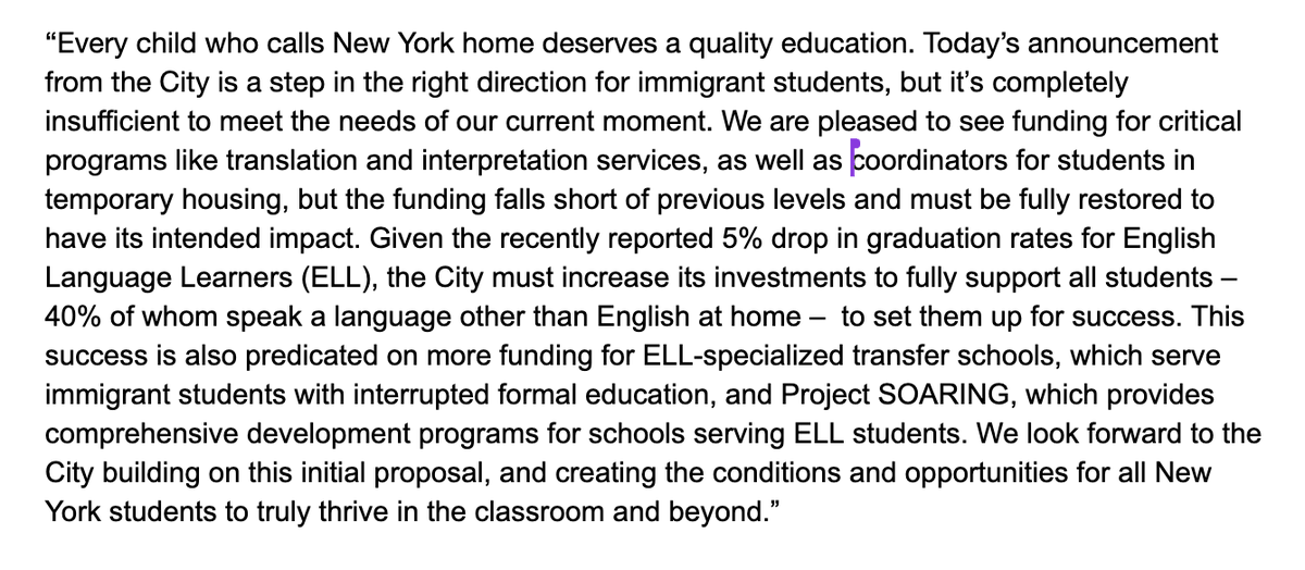 🚨 STATEMENT: NYC Education Funding Announcement 'Today’s announcement from the City is a step in the right direction for immigrant students, but it’s completely insufficient to meet the needs of our current moment.' @HeyItsMurad 🔗 nyic.org/2024/04/nyc-ed…