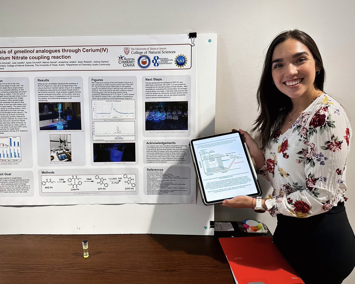 _juliaecastillo's tweet photo. Had my first poster presentation today! I’ve been working hard in this research lab where we’ve been creating photo sensitive compounds that have a higher percent yield and energy emission to maximize solar panel efficiency in the future.
#CleanEnergy #solarpanels #research #chem https://t.co/8KDsxNCJYH
