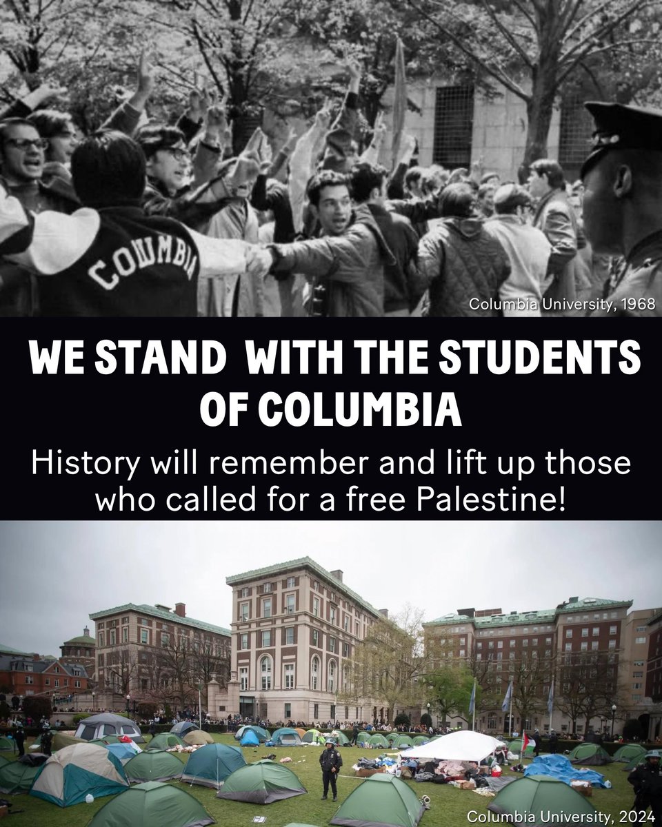 jvplive's tweet photo. We stand with Columbia students,  who remain committed to protesting, until Columbia University divests from Israel’s genocide of Palestinians and meets all the demands for justice and safety. 

https://t.co/MSOOS2YdiK https://t.co/lGRAaCD8dN
