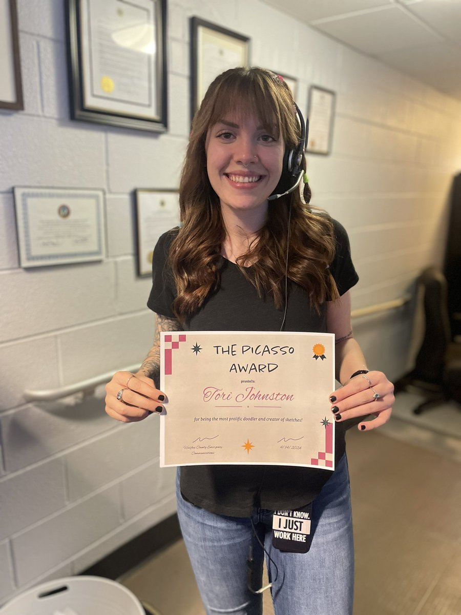 Our next award goes to Assistant Supervisor Tori Johnston for the Picasso Award. Being the most prolific doodler and creator of sketches earned Tori this award. 

Congratulations Tori! #nationalpublicsafetytelecommunicatorsweek #911dispatchers #thingoldline #picassoaward