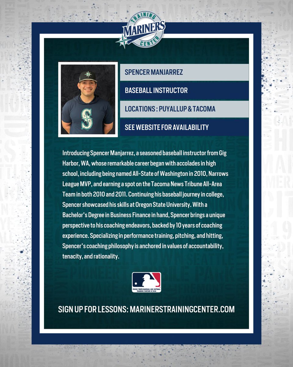 Baseball Instructor Spotlight! 🌟 Spencer Manjarrez | 📍 MTC Puyallup & Tacoma Specializing in performance training, pitching, and hitting Book a lesson with him today! 👉 marinerstrainingcenter.com/lessons/