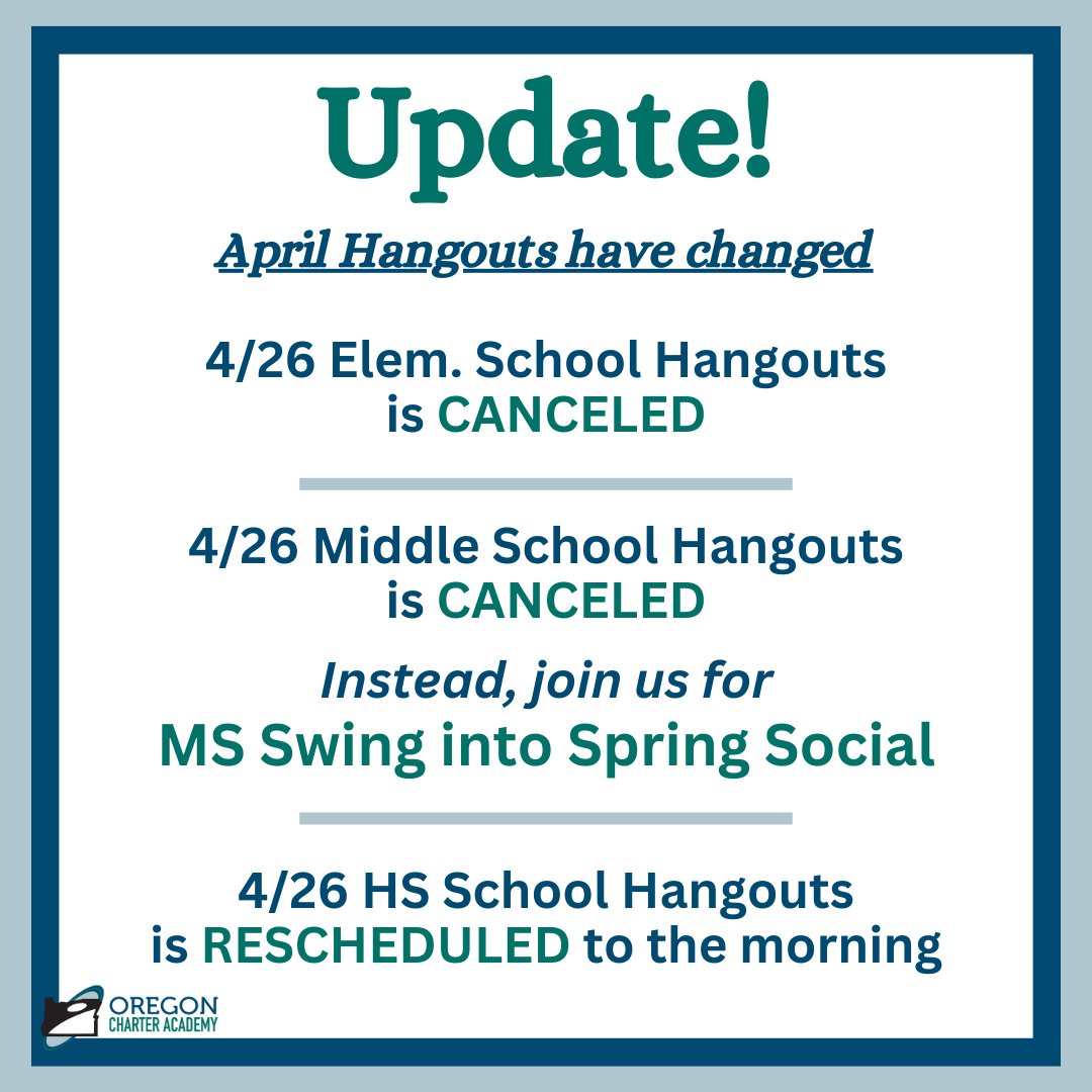 ✨ Updates for Hangouts next Friday! ✨

Check out Field Trip Central for more details.

#oregoncharteracademy #ORCA #onlineschool #onlinelearning #onlineeducation #virtuallearning #virtualeducation #bestofthebest #k12 #oregon #bestcharterschool #helpchildthrive