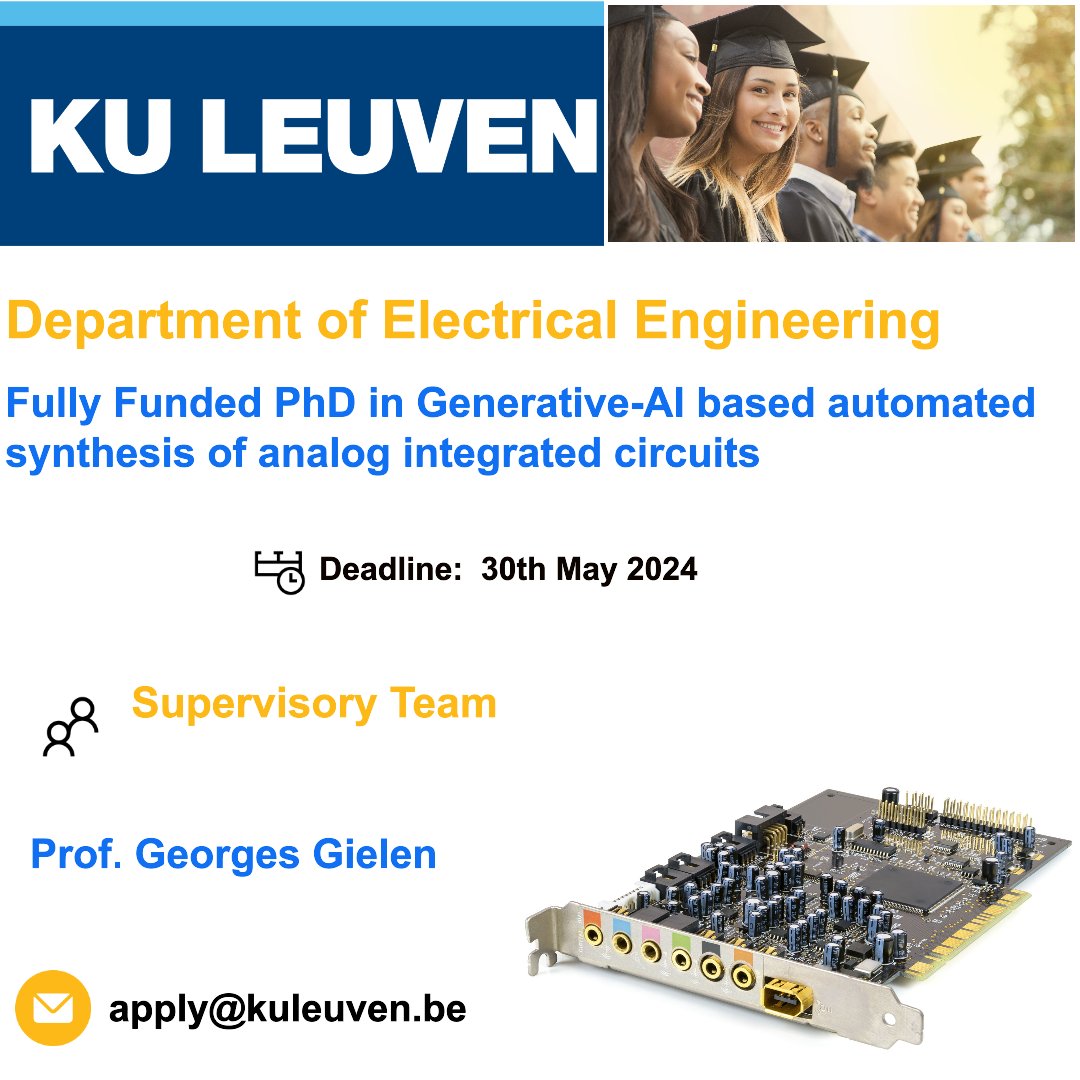 🔃 📢📢 #phdposition alert

✅ Passionate about #Engineering  #GenAI #IntegratedCircuits ?

✅ Rare 4⃣ year @ERC_Research fully funded #PhDposition in Department of Electrical
Engineering (ESAT) @KU_Leuven

📌 This  #phdproject focusses on generative-AI based automated synthesis