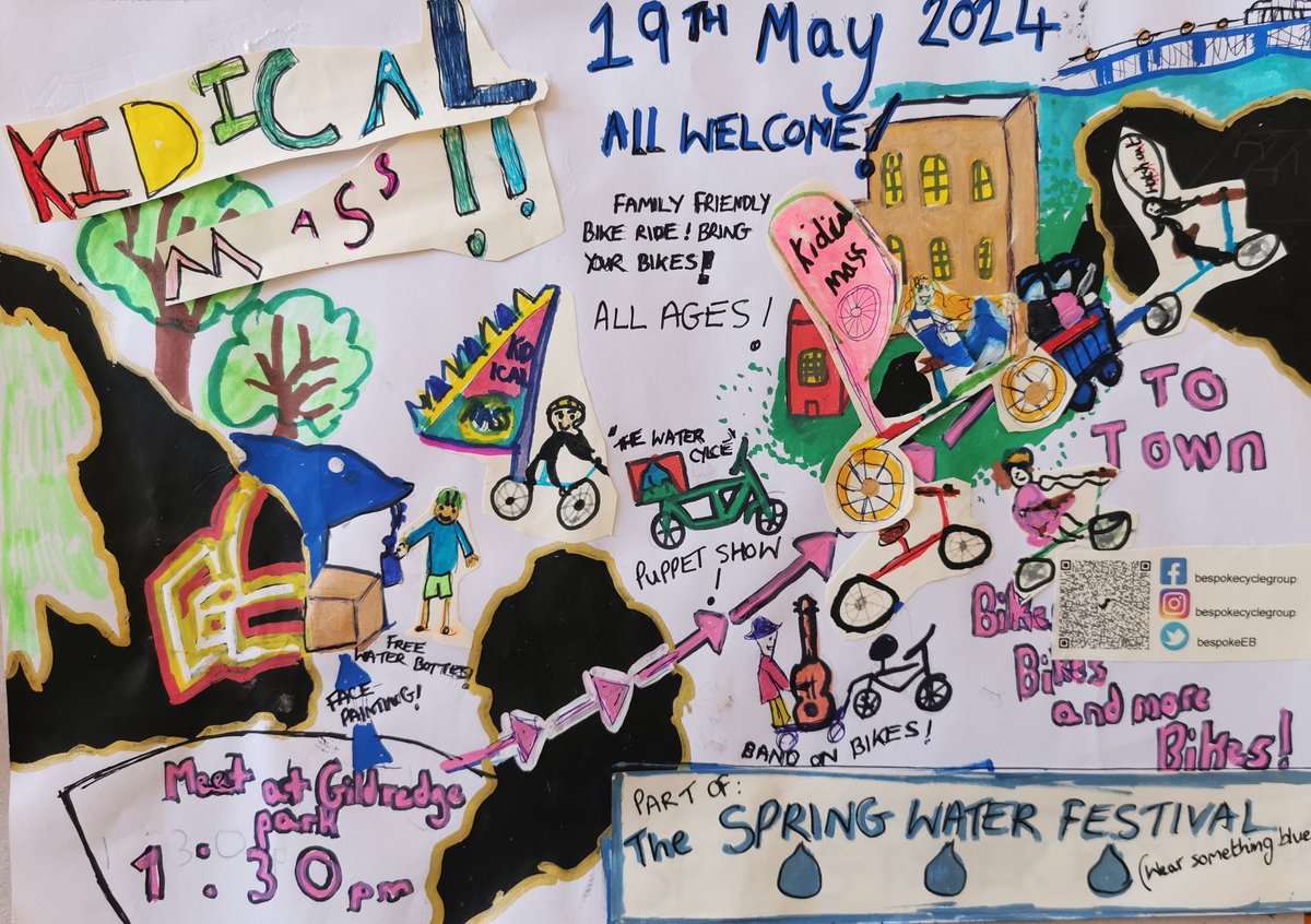 A watery family bike #KidicalMass #Eastbourne coming soon as part of the #springwaterfestival , 19th May, 1.30pm at Gildregde Park. Puppet Show, WaterCycle, Band on Bikes! Join us @BespokeEB !!