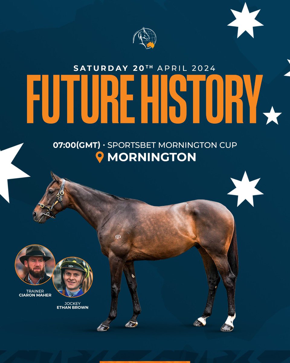 Future History runs at Mornington in the $300,000 Mornington Cup at 7am (GMT) under jockey Ethan Brown for trainer Ciaron Maher 🇦🇺

#GlobalThoroughbreds #TakingRacingDownUnder #HorseRacing