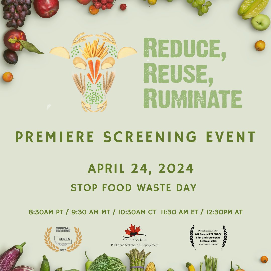 On #StopFoodWasteDay - April 24 -  join us for the launch of our new short doc. 

In Canada, 58% of the food we produce is wasted. 
🐮 can transform food loss, food waste and byproducts into delicious and nutritious beef - a great sustainability story. 

us02web.zoom.us/webinar/regist…