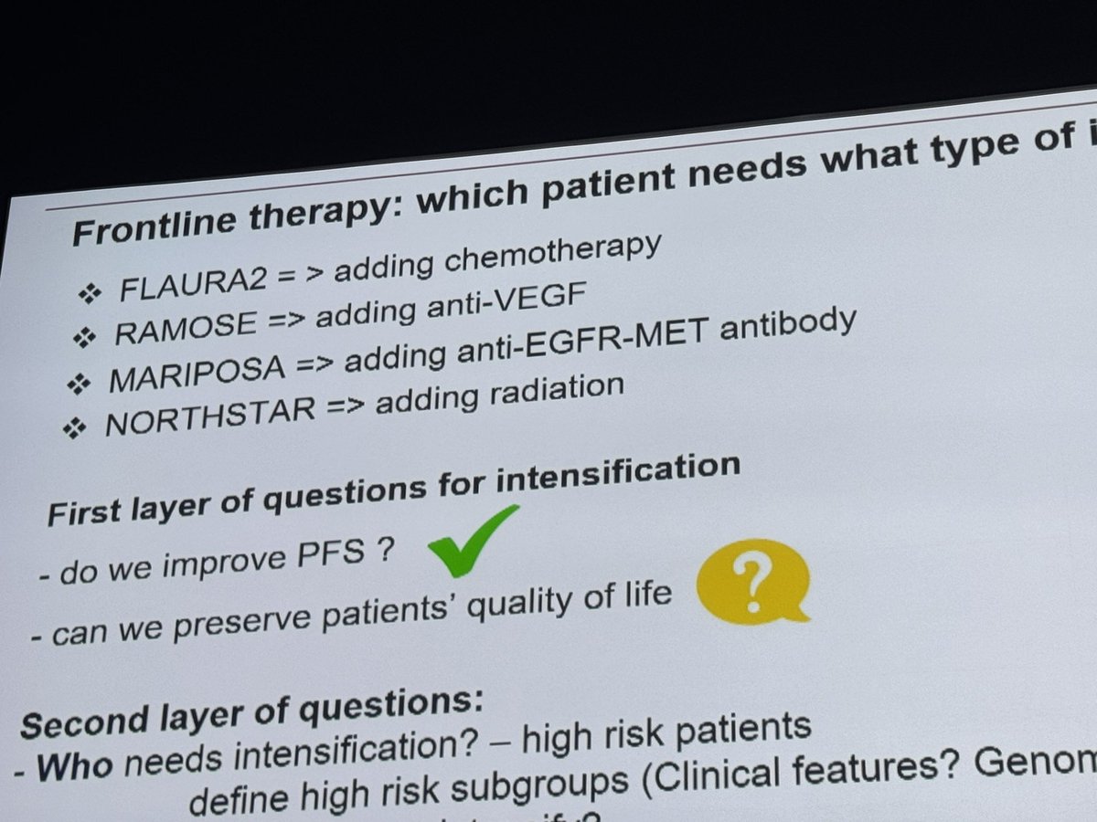 #TexasLung24 @LeXiuning @MDAndersonNews goes deeper discussing 1st line line +EGFR treatment options and how to intensify treatment - how? for which pts and when? ➡️Flaura2: +chemo ➡️RAMOSE: +anti-vegf ➡️MARIPOSA: +antiegfr/met ➡️NORTHSTAR: +radiation @EGFRResisters #lcsm