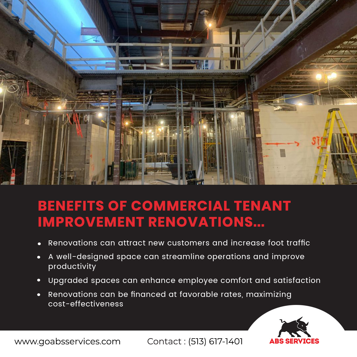 ABS Services - Benefits of Commercial Tenant Improvement Renovations...
LEARN MORE... goabsservices.com/tips-for-a-suc…

#tenantimprovement #construction #commercialbuildout #commercialproperty #commercialconstruction #buildout #constructioncincinnati #constructionbuildout #cincinnati