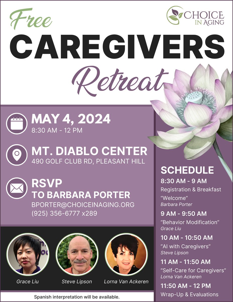ChoiceinAging's tweet photo. 📢 Free Caregivers Retreat at the Mt. Diablo Center on Saturday, May 4 from 8:30 AM - 12 PM!!

Topics:
- Behavior Modification
- AI w/ Caregivers
- Self-Care for Caregivers

RSVP to Barbara Porter
(925) 356-6777 x289
bporter@choiceinaging.org

Space is limited! https://t.co/tzSbdlaJm8