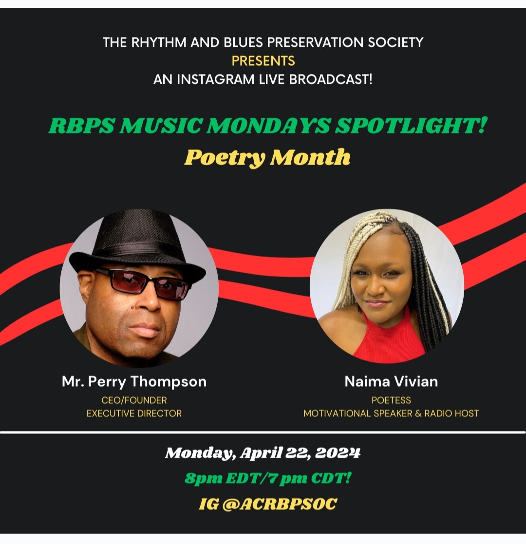 Tune into RBPS Monday Music Spotlight with Poetess Naima at 8PM! #rbpsoc #blackmusicpreservationists #preserveblackmusic #BlackMusicCulture365TM #NationalPoetryMonth