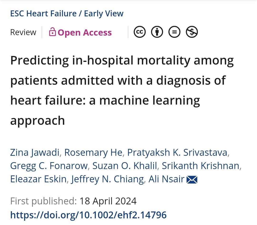 Great work by our team @UCLAHealth on using #AI Machine Learning approach to predict mortality in admitted heart failure patients. @gcfmd @SrivastavaPrat @ESC_Journals onlinelibrary.wiley.com/doi/10.1002/eh…