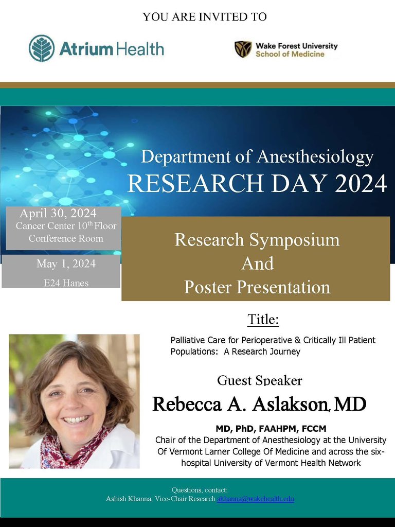 WakeAnesthesia's tweet photo. Research Day 2024.  Join our faculty, residents and staff as Dr. Rebecca Aslakson presents "Palliative Care for Perioperative &amp; Critically Ill Patient Populations:  A Research Journey" https://t.co/JP1j3CShMQ
