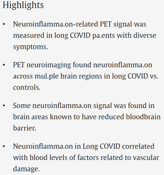 🧵
New US research

Neuroinflammation in post-acute sequelae of COVID-19 (#PASC) as assessed by [11C]PBR28 PET correlates with vascular disease measures

sciencedirect.com/science/articl…

Note there is a weird typo in image: 'ti' is replaced by '.'

#LongCovid #PwLC #postcovid

1/