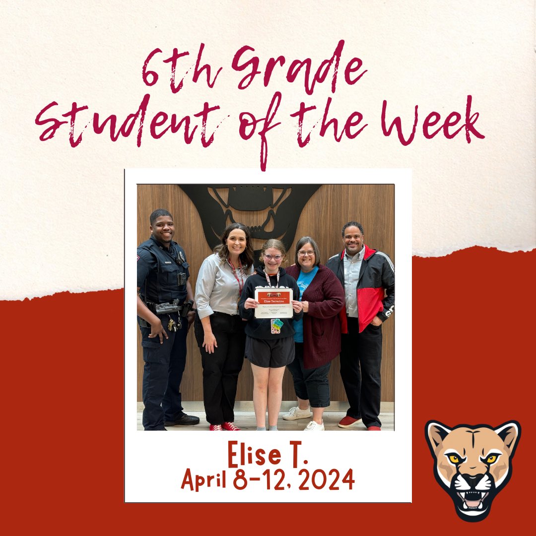 Our 6th Grade Student of the Week for April 8-12 is Elise!🎉 Elise’s peers describe her as someone who is kind to all her peers & teachers. She is helpful & has a positive attitude. We are so proud of you, Elise!🙌 @MrsWidmier_KMS @02leili05 @counselors_kms #KMSCougarPride🐾