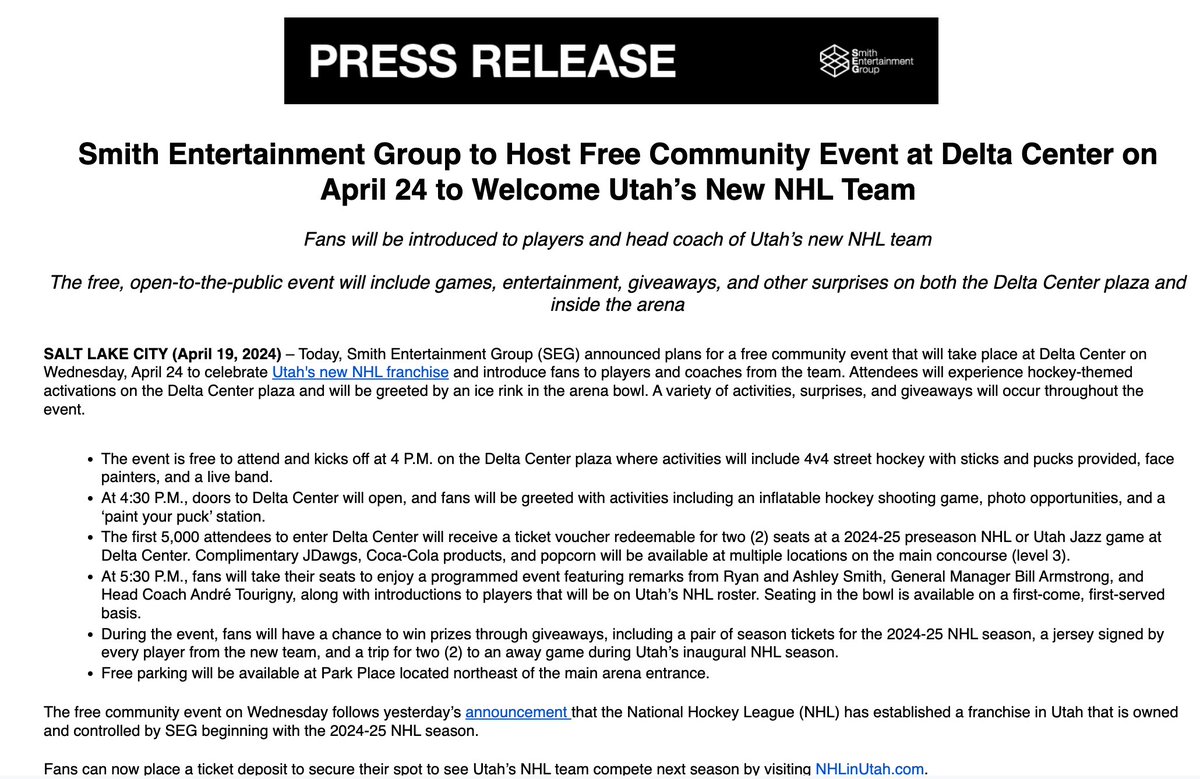 New NHL team press conference begins in about an hour, but SEG just released info on the community event celebrating the team's arrival on Wednesday: