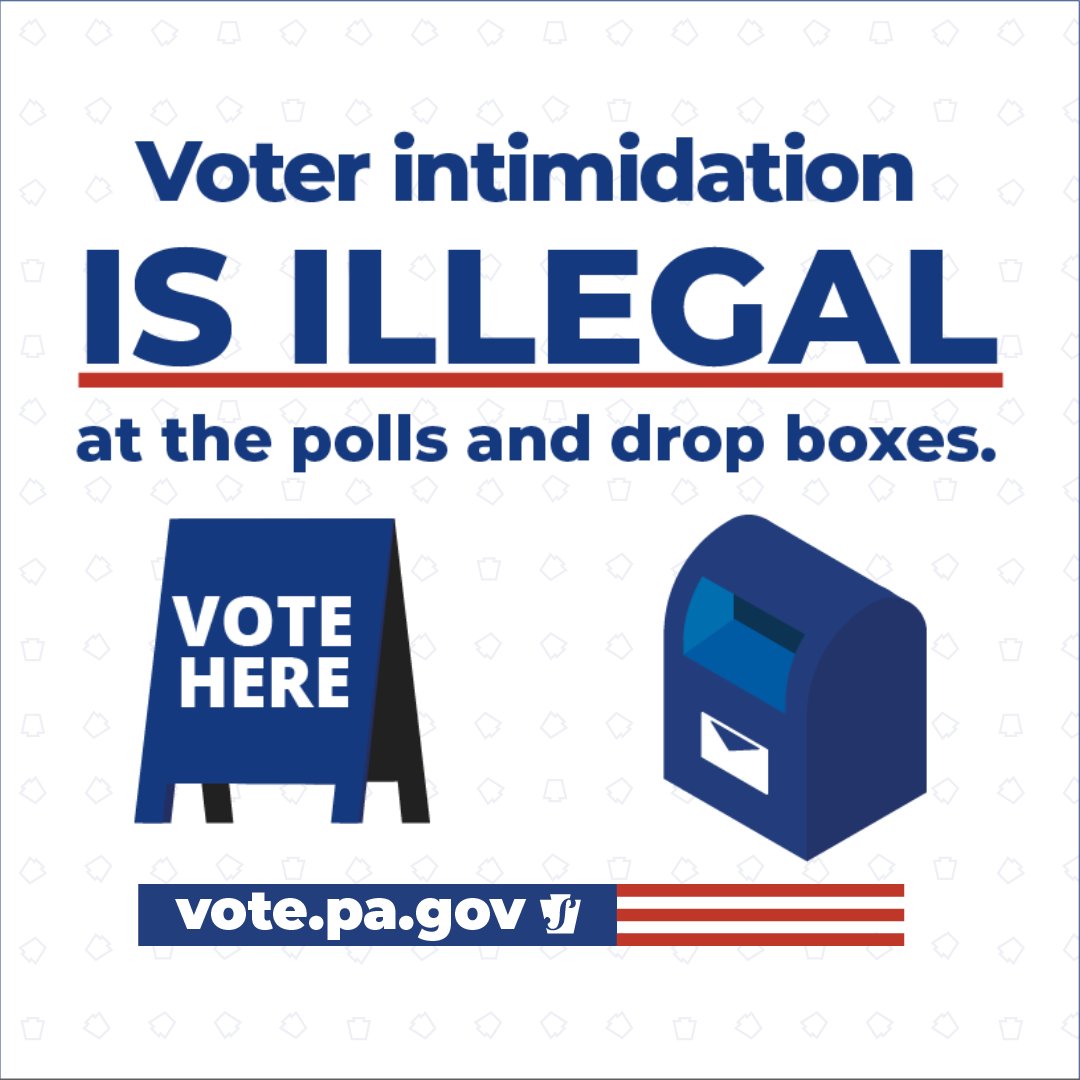 Voter intimidation is illegal at polls and ballot drop boxes. Protect the safety and integrity of our elections by reporting any voter intimidation or harassment by notifying an election worker or calling our year-round voter information hotline at 1-877-868-3772. #ReadytoVotePA