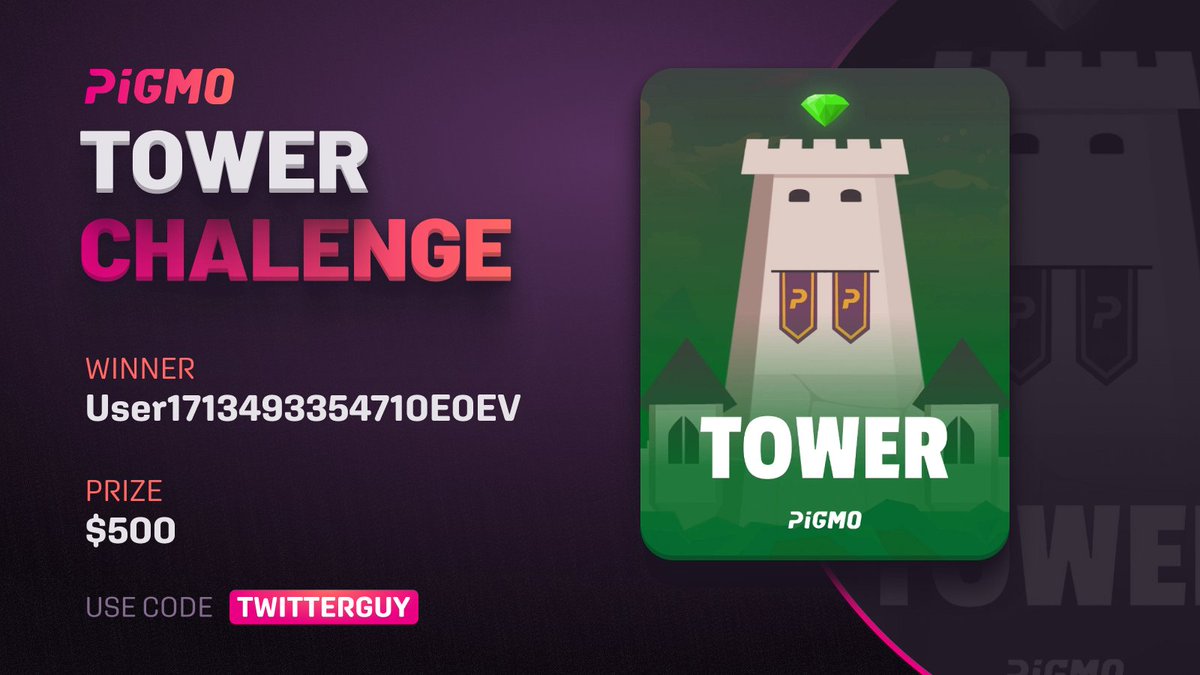 🎉 Congratulations to the champion! 🏆

We are thrilled to announce the grand winner of the Tower PIGMO Challenge! 🎮

🥇 Winner: User1713493354710E0EV

🎁 Prize: $500

Thanks to all the participants who brought this incredibly exciting challenge! 
🌟Use code:…