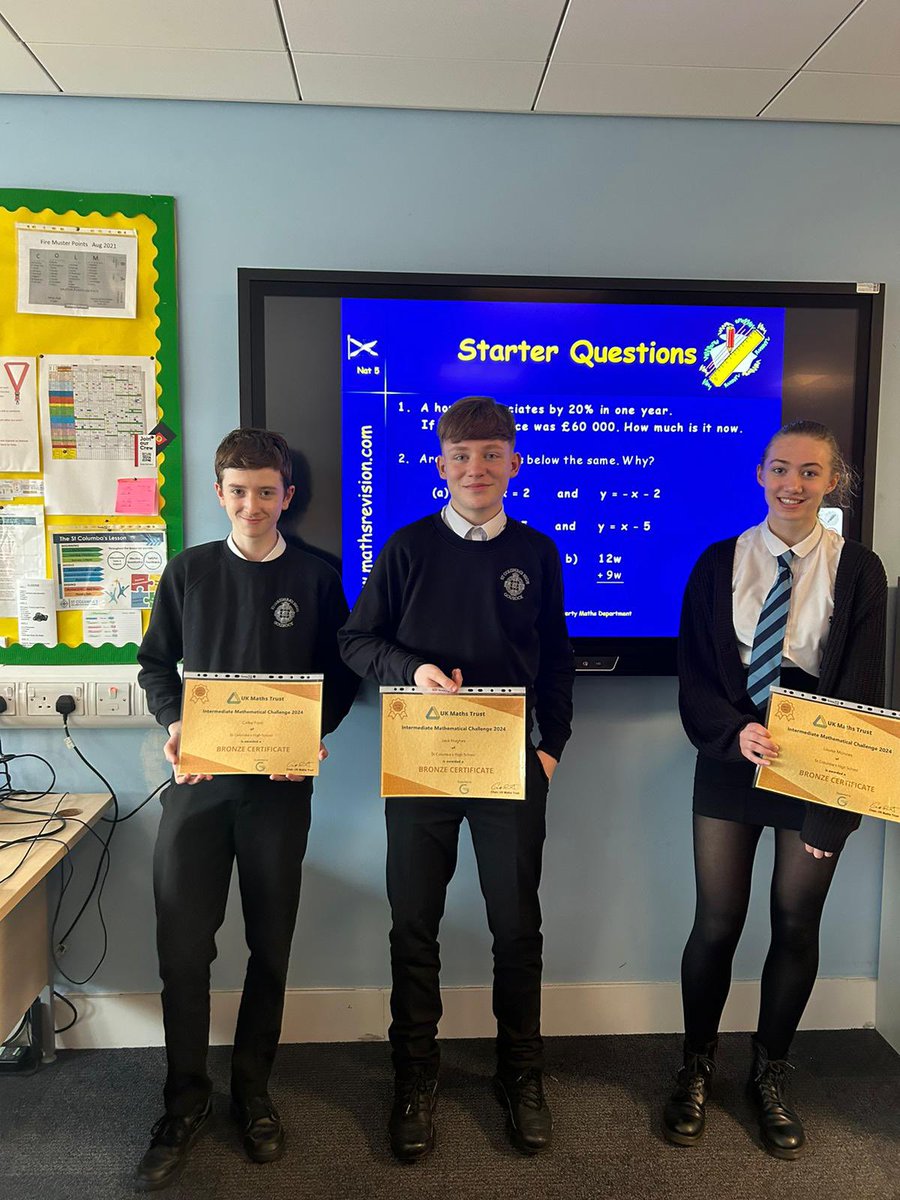 We were delighted to recognise the achievements of our S3-6 pupils in the @UKMathsTrust Senior and Intermediate Maths Challenges this week. We have 60 S1 and S2 pupils lined up for next week’s junior challenge! Looking forward to it! @SCHSMaths @_stcolumba