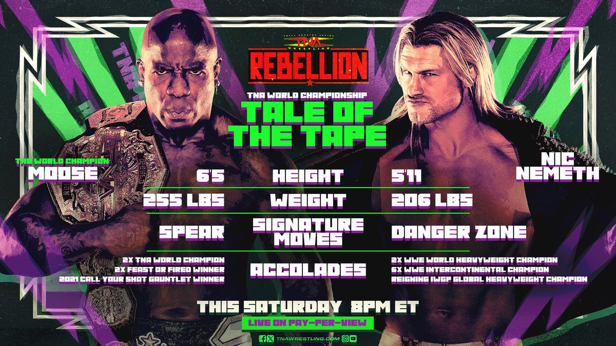 The Tale of the Tale for the HUGE @TheMooseNation vs. @NicTNemeth World Championship match TOMORROW at #Rebellion. Subscribe to the TNA+ World Champion tier using the promo code TNA25 to watch and save 25% THIS WEEKEND ONLY: watch.tnawrestling.com/signup
