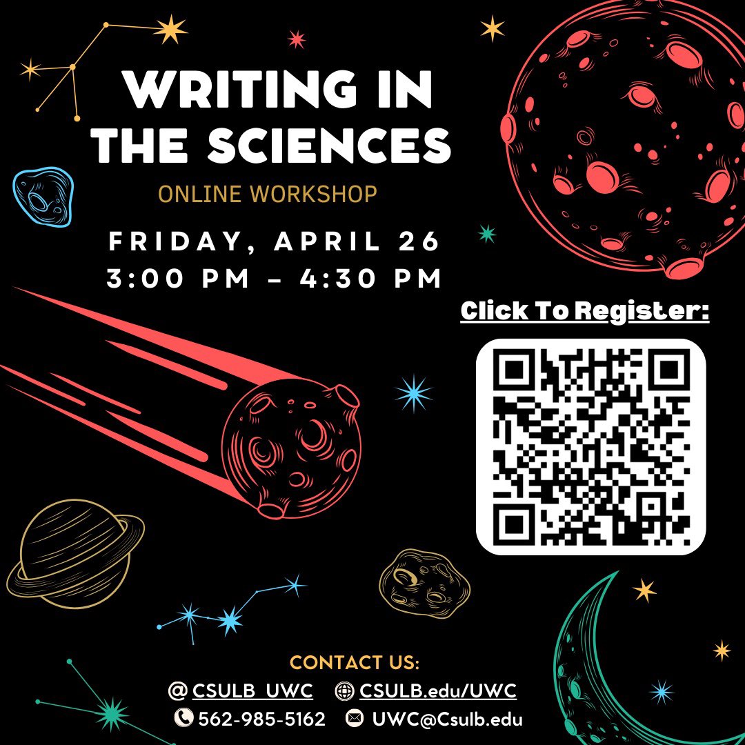 CSULB_UWC's tweet image. Come experiment with the University Writing Center 🧪

Please join us in our upcoming Writing in the Sciences Workshop!

🔗: csulb.qualtrics.com/jfe/form/SV_8B… (or click the link in bio). 

#gobeach #csulb #writing #workshop #sciences #research #writinginscience #writingcenter