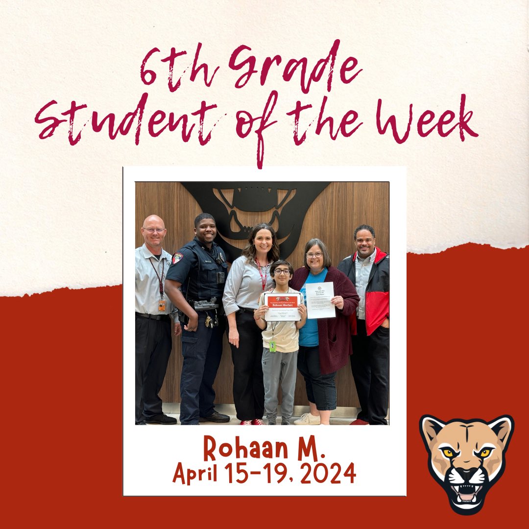 Our 6th Grade Student of the Week for April 15-19 is Rohaan!🎉 Rohaan’s peers describe him as very kind, respectful, funny, thoughtful, and bright. We are so proud of you, Rohaan!🙌 @MrsWidmier_KMS @02leili05 @counselors_kms #KMSCougarPride 🐾
