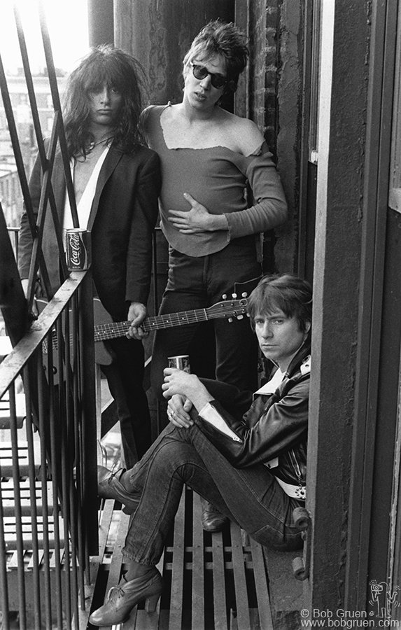 49 years ago today #knowyourroots Johnny Thunders, Richard Hell and Jerry Nolan of The Heartbreakers on a fire escape, Chelsea Hotel, NYC. April 20, 1975. Photo by Bob Gruen #punk #punks #punkrock #punklegends #history #punkrockhistory #otd