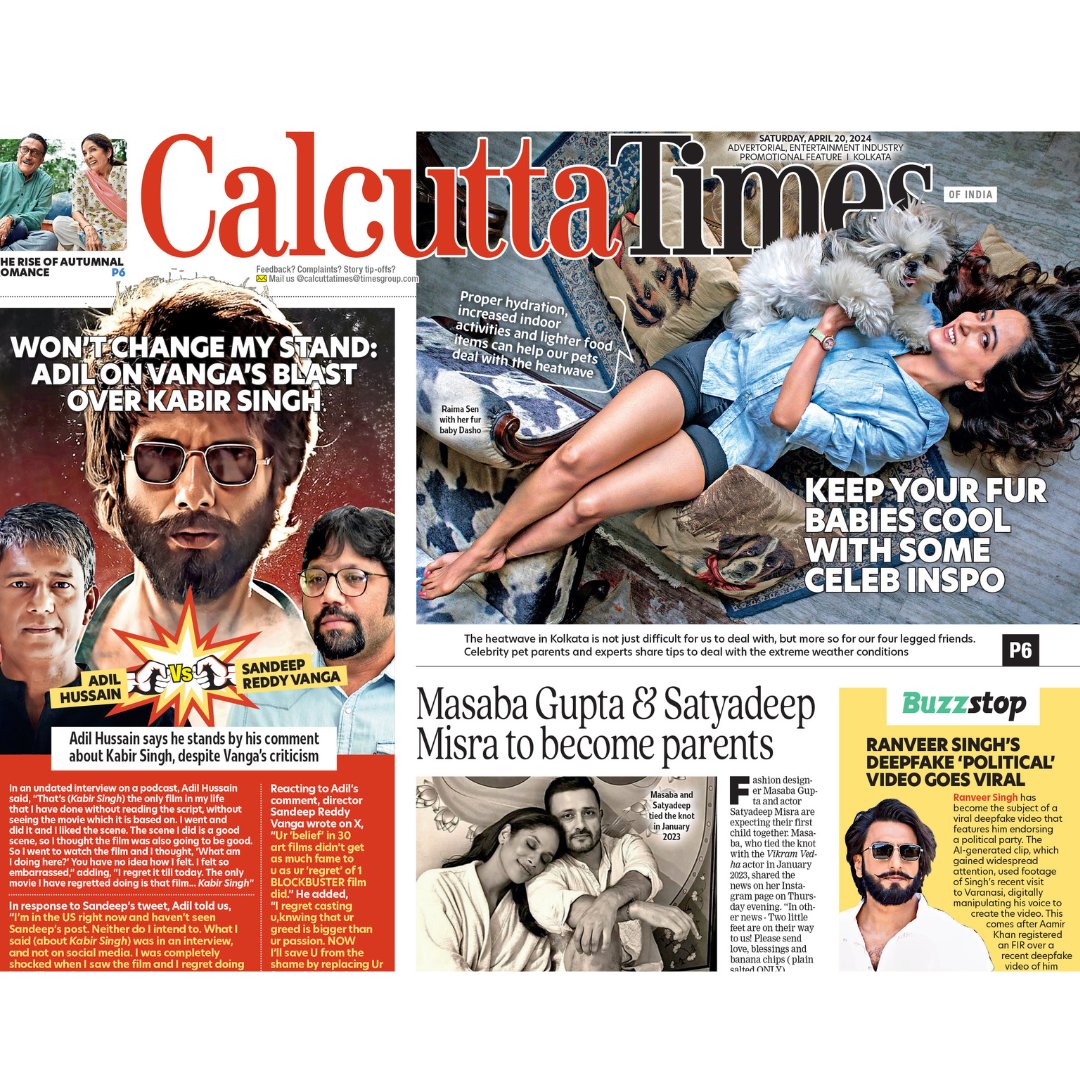 In today's Calcutta Times: Adil Hussain stands by his comment on Kabir Singh, despite Vanga's criticism, keep your fur babies cool with some celeb inspo, Masaba Gupta and Satyadeep Misra to become parents Raima Sen's picture: Kaustav Saikia #furbabies #heatwave #calcuttatimes
