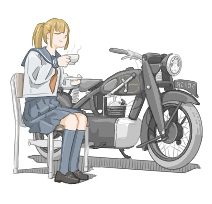 学校の中庭で愛車を眺めながらお茶する女子です。 (Francis-Barnett Cruiser 45)【再掲】 #バイクJK #イラスト