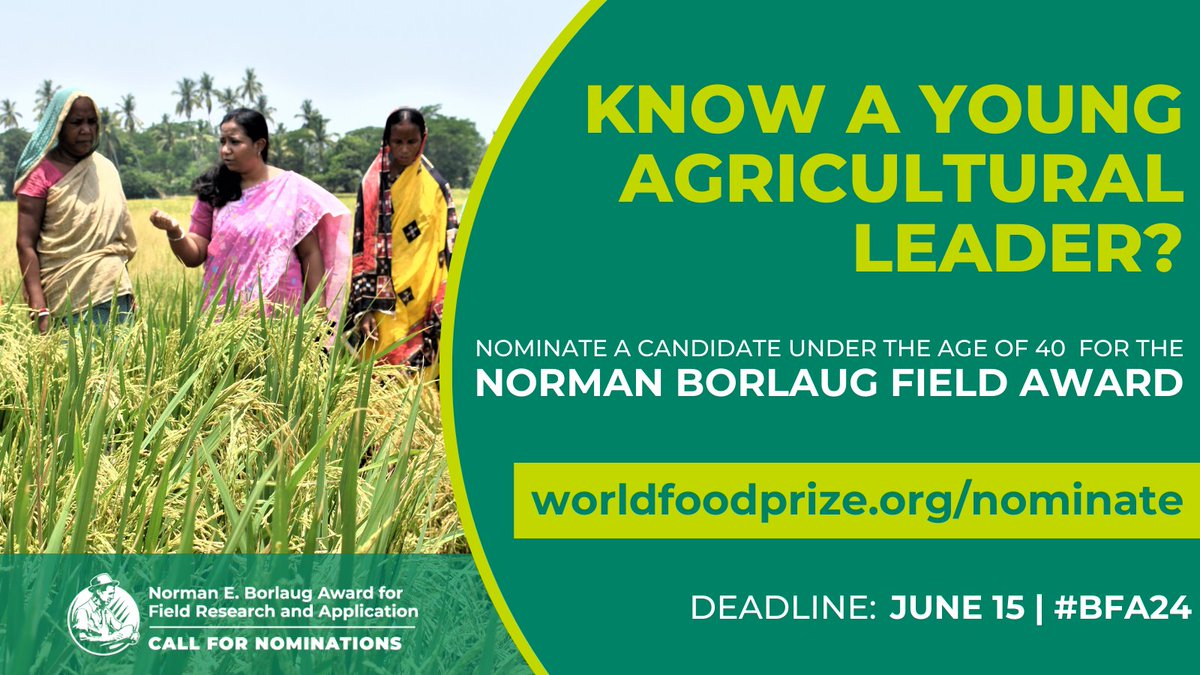 Do you know a young researcher advancing #FoodSecurity?

Nominate them for the $10,000 Borlaug Field Award 🏆!

The @WorldFoodPrize’s #BFA24 recognizes exceptional individual achievements in agriculture and food production.

👉🏽 bit.ly/BFA21Nominatio…