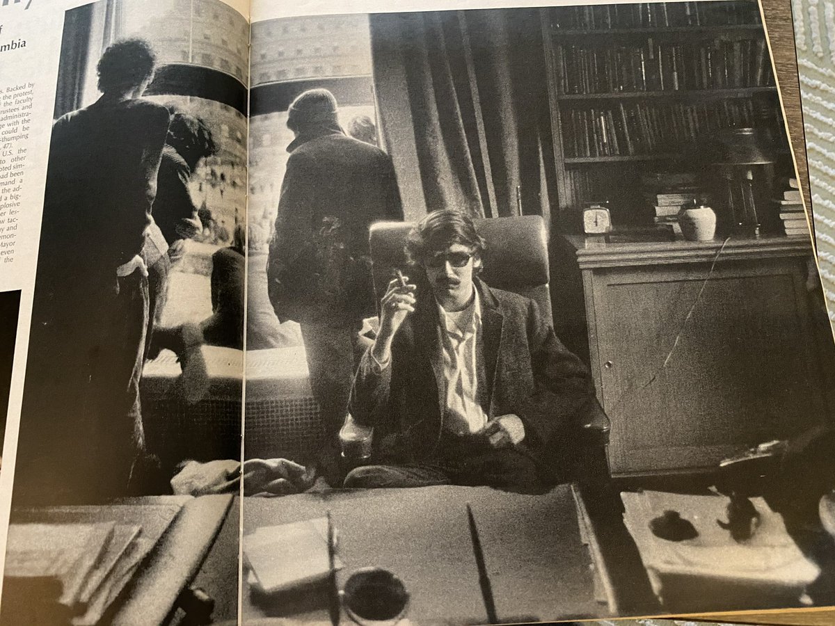 Looking at photos of the 1968 student uprising at Columbia. Protesting the university’s affiliation with Pentagon, students first took over the university president’s office.  Here’s a student sitting in the president’s chair and smoking one of his cigars.