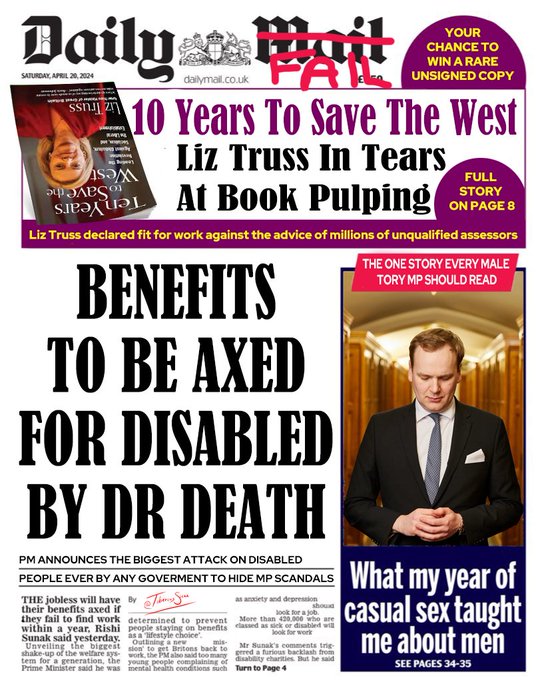 Well, the Daily Mail, whoops Fail, has run a story about Rishi Sunak's attack on the disabled in his<a href="/tag/ifixedthatforyou"class="tags"><span>#ifixedthatforyou</span></a>