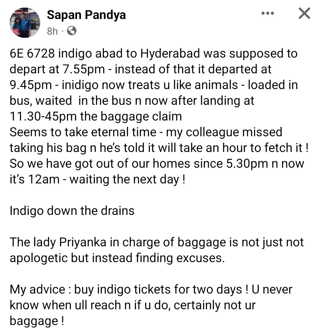 Indigo service off late has deteriorated Faced similiar things in last 6 mths. If indigo which has 2/3 market share performs badly it will pull down Indian aviation. Sharing the experience of India's one of the most respected rheumatologis.  <a href="/Officejmscindia/">Office Of JM Scindia</a> <a href="/IndiGo6E/">IndiGo</a> <a href="/PMOIndia/">PMO India</a>