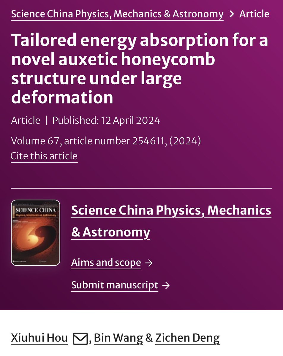 Tailored energy absorption for a novel auxetic honeycomb structure under large deformation

@SciChinaPMA @scilife_ @isciverse  @SpringerNature @Sci_Bull #science #NEWS #TechnologyNews #technology #Physics #Research #ResearchPapers #Academics 

link.springer.com/article/10.100…