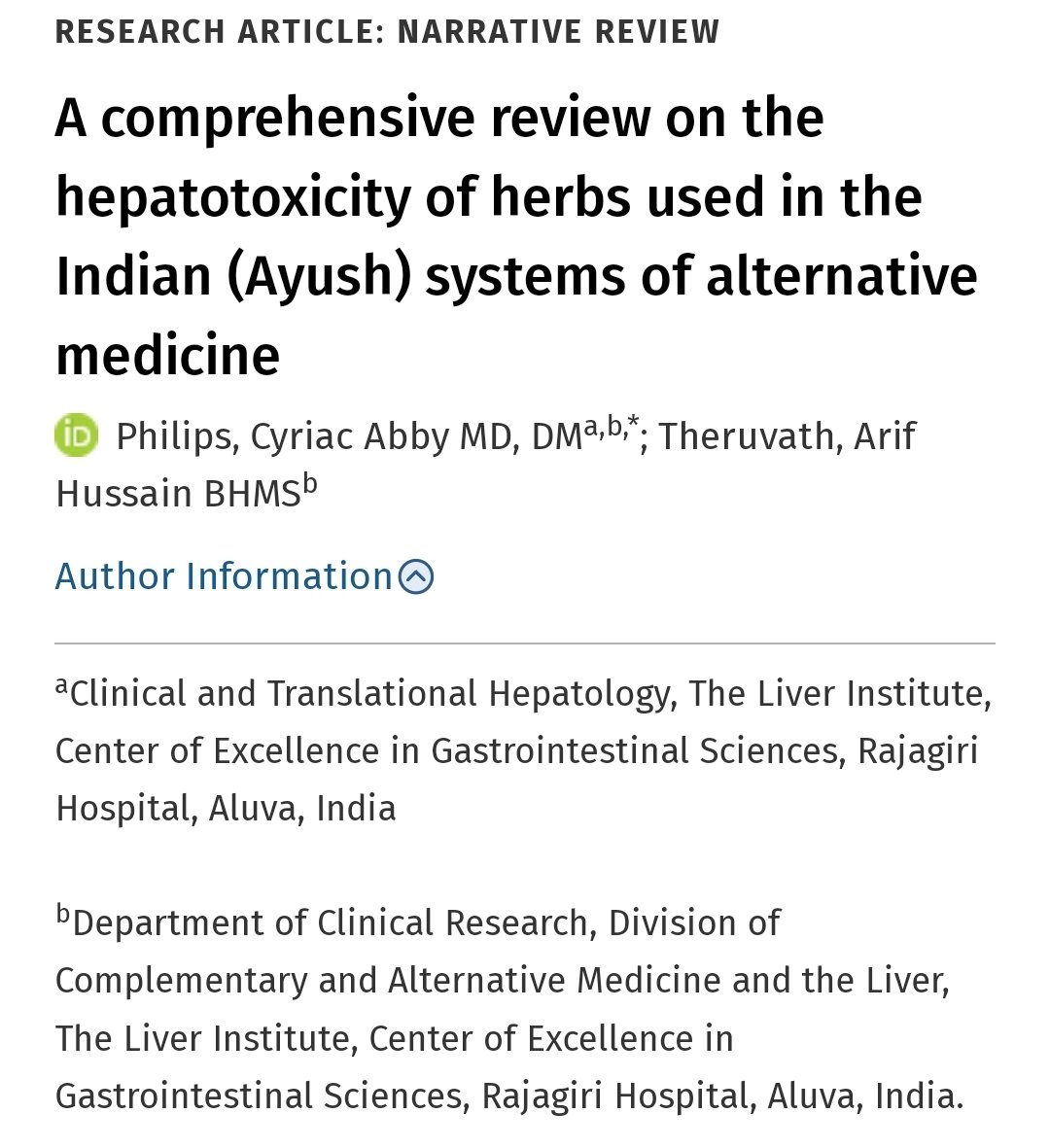 Breaking: Our exhaustive paper on liver toxicity of various herbs/ plants used in Ayurveda, Naturopathy, Unani, Siddha and Homeopathy (Ayush) systems of alternative medicine is out now (free to read) journals.lww.com/md-journal/ful… with @arifhussaintm This paper was initially an invited