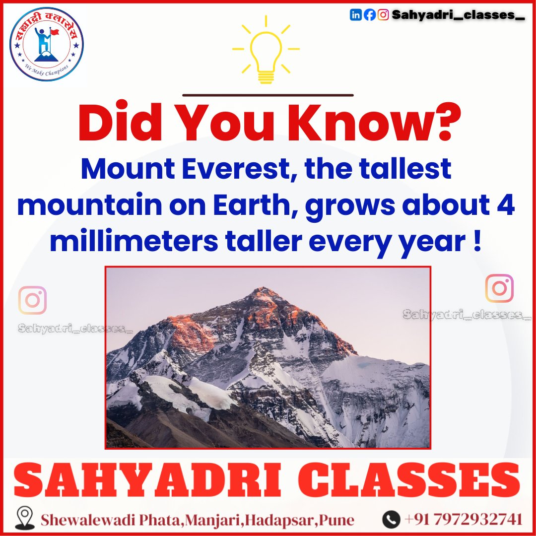 🌬️ Did You Know?🏔️  
Mount Everest grows 4mm taller every year due to tectonic forces pushing the Himalayas skyward! 

🗻📈 This dynamic process showcases Earth's geological wonders in action. 🌍

#MountEverest #GeologicalWonders 🏔️🌏