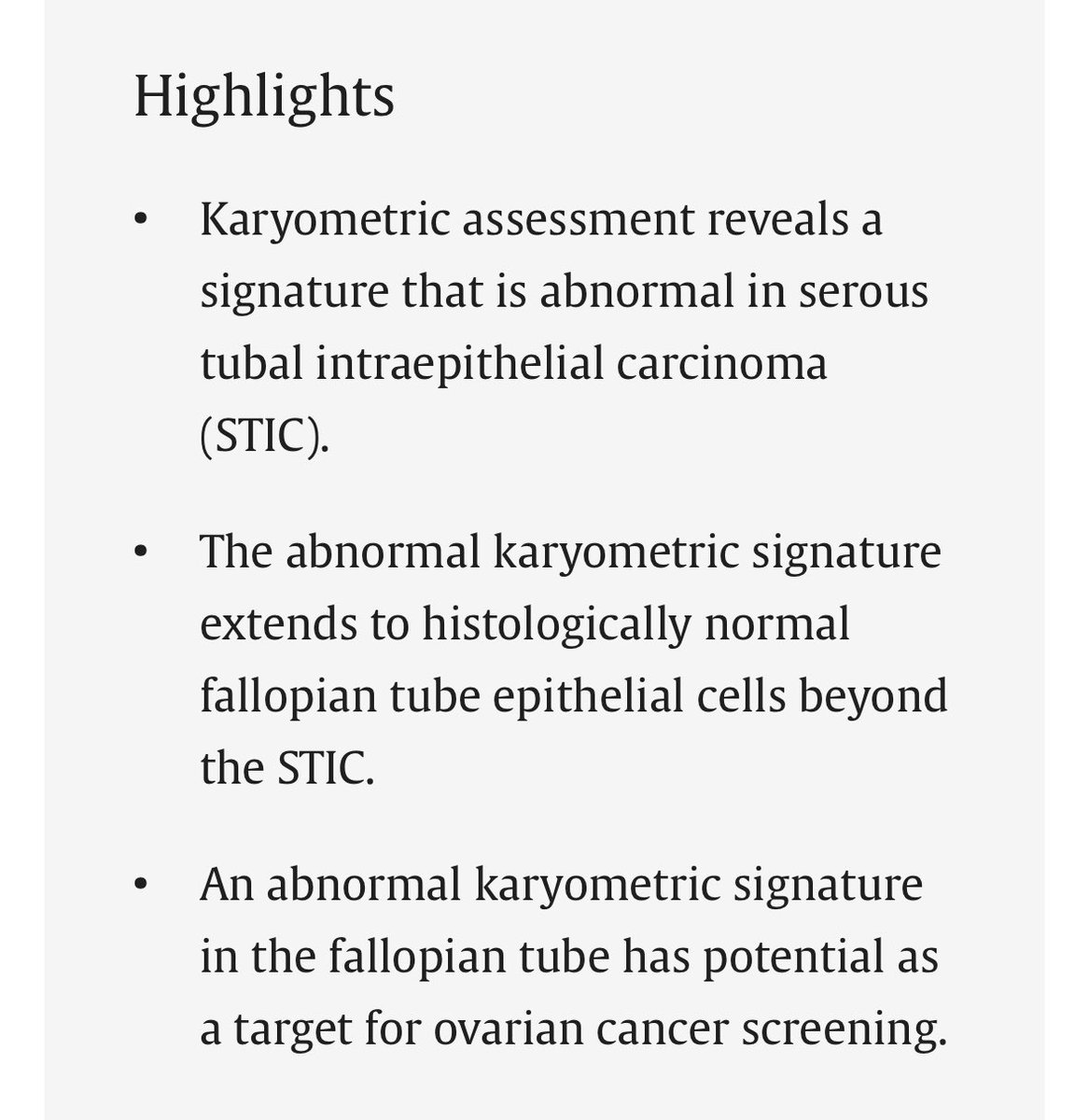 Karyometric signature altered in fallopian tubes with serous tubal intraepithelial carcinoma @ISGynP @SGO_org @IGCSociety @ESGO_society @ASCO @OncoAlert sciencedirect.com/science/articl…