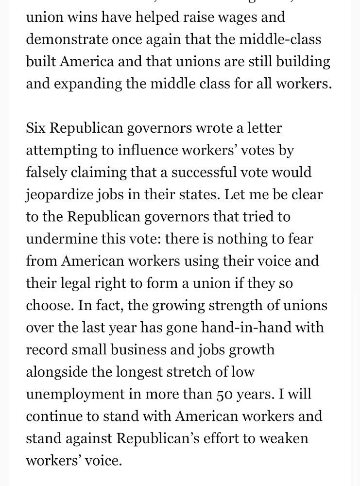 .@POTUS on @UAW vote in TN “Let me be clear to the Republican governors that tried to undermine this vote: there is nothing to fear from American workers using their voice and their legal right to form a union if they so choose.”
