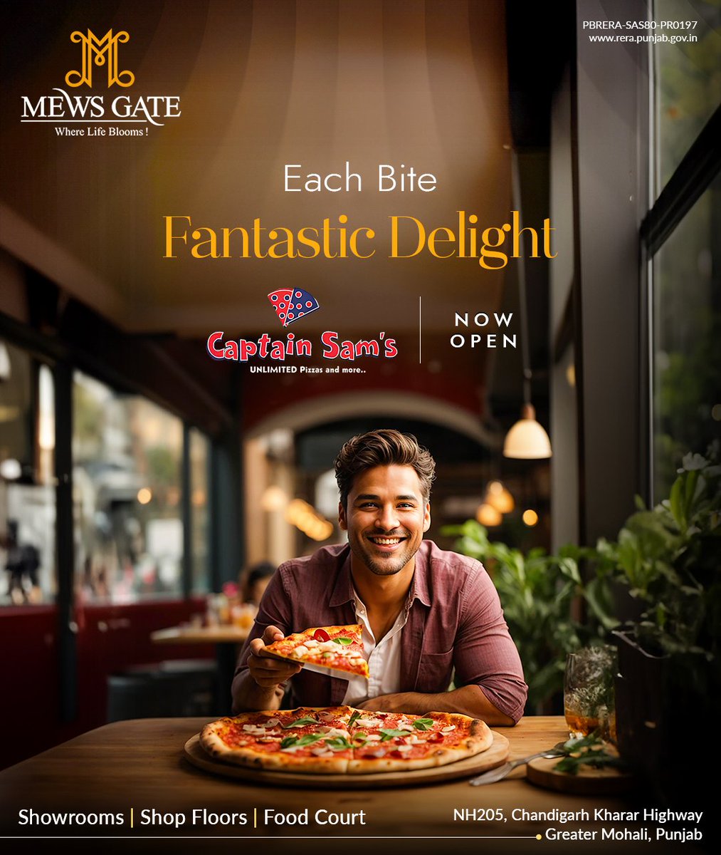 Indulge in a culinary adventure at Captain Sam's, now serving up at Mews Gate. Showrooms | Shop Floors | Food Court 📍NH 205, Chandigarh Kharar Highway Greater Mohali, Punjab ↘️ Call us at 90695-90695 #MewsGate #CaptainSam #Pizza #PizzaLovers #Food #Kharar #Mohali