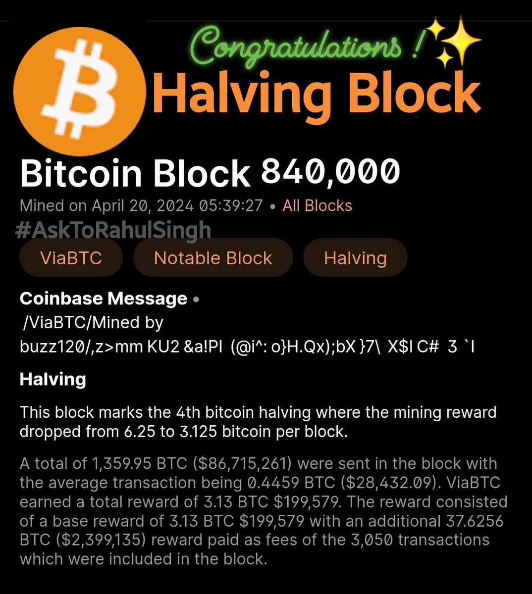 CAR_Analysis's tweet photo. Congratulations...✔️💯💕
#Bitcoin    4th #Halving Done..! 
On 20th April 2024, at 5:39:27 AM
At Block no. 840,000
Now Rewards starts 3.13 $BTC

#Bitcoin    Price
On Halving Time- $63,507

Next 5th #Halving will be around Estimated on 3rd March 2028..! https://t.co/xKv2kEytcP