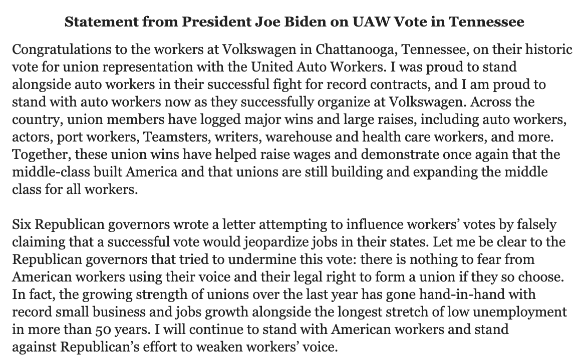 @UAW Biden puts out a statement congratulating Volkswagen workers and the @UAW, and ripping Kay Ivey, Bill Lee and other GOP governors for trying to 'undermine' their votes. 'There is nothing to fear from American workers using their voice and their legal right to form a union.'